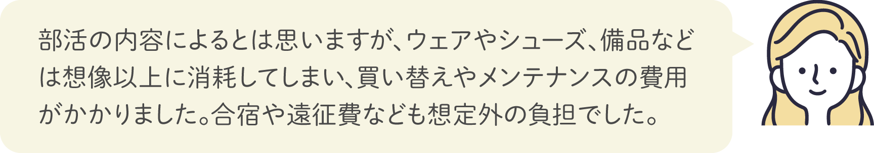 部活の内容によるとは思いますが、ウェアやシューズ、備品などは想像以上に消耗してしまい、買い替えやメンテナンスの費用がかかりました。合宿や遠征費なども想定外の負担でした。