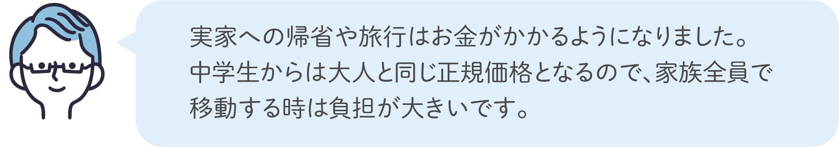 実家への帰省や旅行はお金がかかるようになりました。中学生からは大人と同じ正規価格となるので、家族全員で移動する時は負担が大きいです。