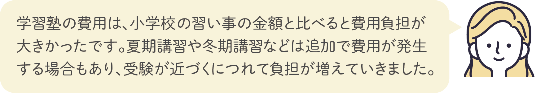 学習塾の費用は、小学校の習い事の金額と比べると費用負担が大きかったです。夏期講習や冬期講習などは追加で費用が発生する場合もあり、受験が近づくにつれて負担が増えていきました。