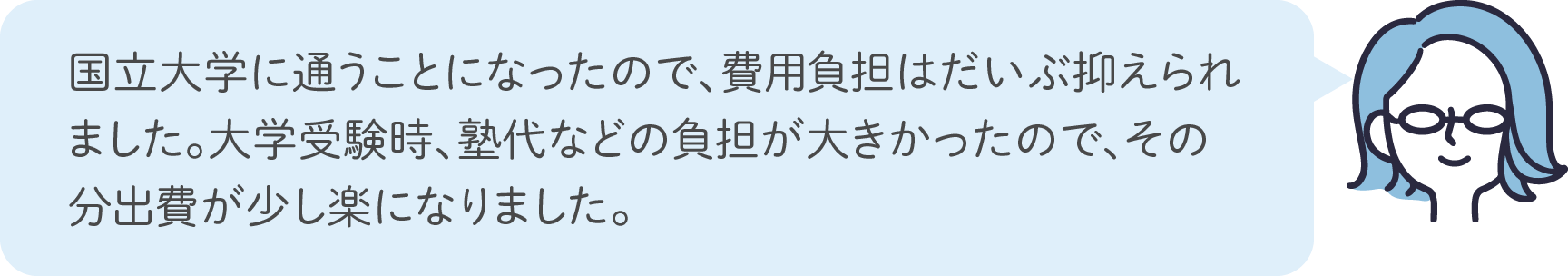 国立大学に通うことになったので、費用負担はだいぶ抑えられました。大学受験時、塾代などの負担が大きかったので、その分出費が少し楽になりました。