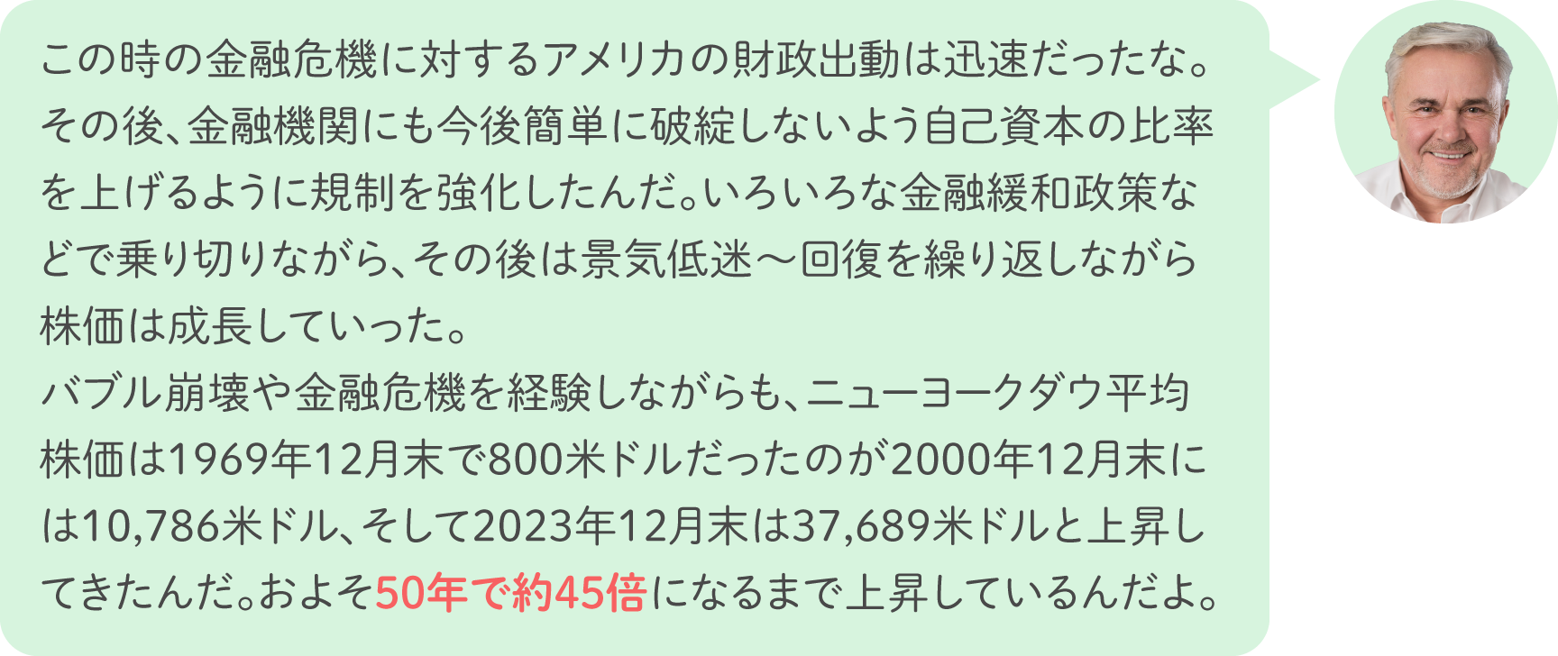 この時の金融危機に対するアメリカの財政出動は迅速だったな。その後、金融機関にも今後簡単に破綻しないよう自己資本の比率を上げるように規制を強化したんだ。いろいろな金融緩和政策などで乗り切りながら、その後は景気低迷～回復を繰り返しながら株価は成長していった。バブル崩壊や金融危機を経験しながらも、ニューヨークダウ平均株価は1969年12月末で800米ドルだったのが2000年12月末には10,786米ドル、そして2023年12月末は37,689米ドルと上昇してきたんだ。およそ50年で約45倍になるまで上昇しているんだよ。