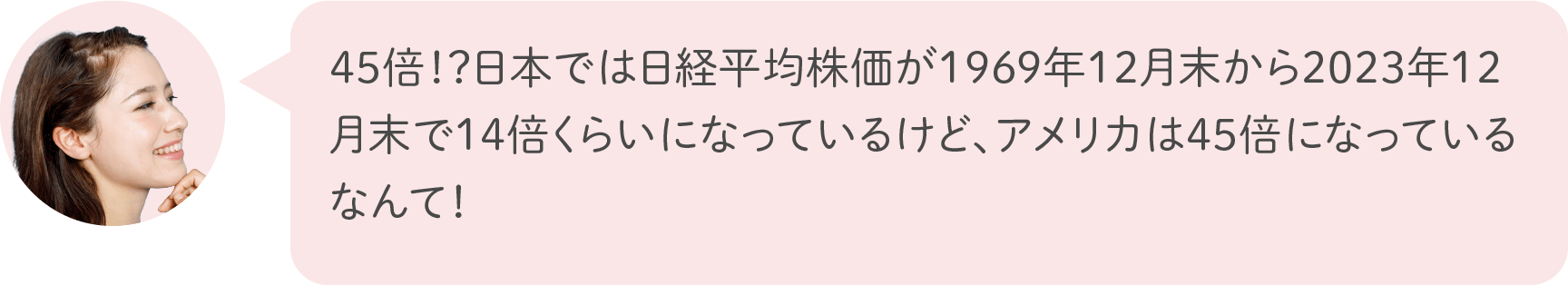 45倍！？日本では日経平均株価が1969年12月末から2023年12月末で14倍くらいになっているけど、アメリカは45倍になっているなんて！