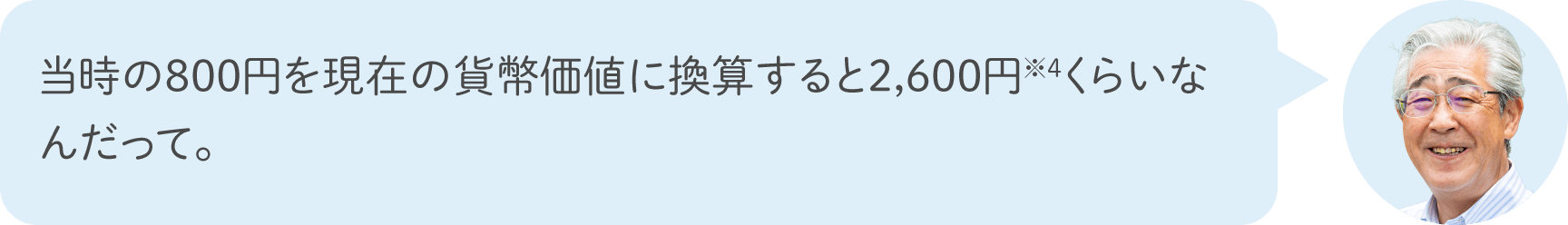 当時の800円を現在の貨幣価値に換算すると2,600円※4くらいなんだって。