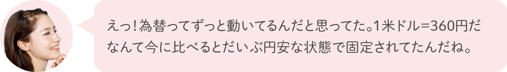 えっ！為替ってずっと動いてるんだと思ってた。1米ドル＝360円だなんて今に比べるとだいぶ円安な状態で固定されてたんだね。