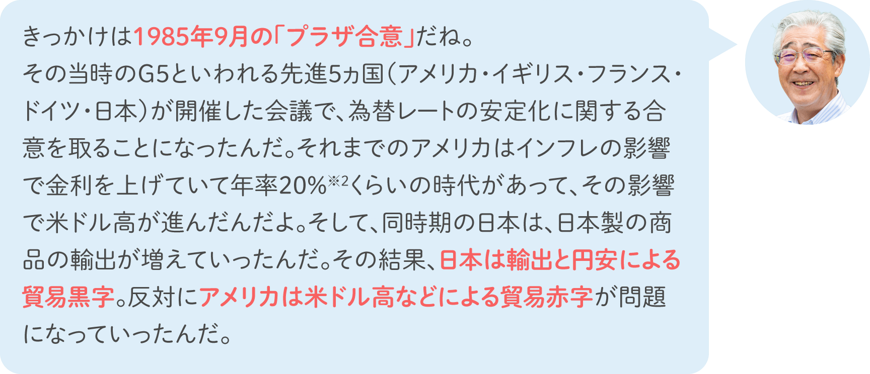 きっかけは1985年9月の「プラザ合意」だね。その当時のG5といわれる先進5ヵ国（アメリカ・イギリス・フランス・ドイツ・日本）が開催した会議で、為替レートの安定化に関する合意を取ることになったんだ。それまでのアメリカはインフレの影響で金利を上げていて年率20%※2くらいの時代があって、その影響で米ドル高が進んだんだよ。そして、同時期の日本は、日本製の商品の輸出が増えていったんだ。その結果、日本は輸出と円安による貿易黒字。反対にアメリカは米ドル高などによる貿易赤字が問題になっていったんだ。