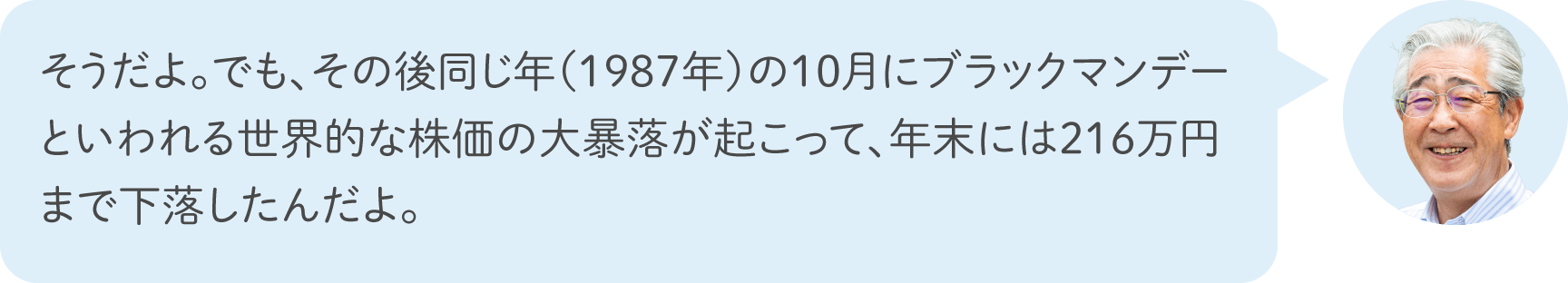 そうだよ。でも、その後同じ年（1987年）の10月にブラックマンデーといわれる世界的な株価の大暴落が起こって、年末には216万円まで下落したんだよ。