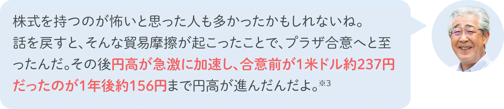 株式を持つのが怖いと思った人も多かったかもしれないね。話を戻すと、そんな貿易摩擦が起こったことで、プラザ合意へと至ったんだ。その後円高が急激に加速し、合意前が1米ドル約237円だったのが1年後約156円まで円高が進んだんだよ。※3