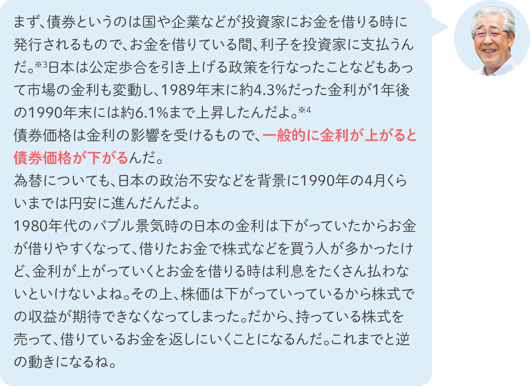 まず、債券というのは国や企業などが投資家にお金を借りる時に発行されるもので、お金を借りている間、利子を投資家に支払うんだ。※3 日本は公定歩合を引き上げる政策を行なったことなどもあって市場の金利も変動し、1989年末に約4.3%だった金利が1年後の1990年末には約6.1%まで上昇したんだよ。※4 債券価格は金利の影響を受けるもので、一般的に金利が上がると債券価格が下がるんだ。為替についても、日本の政治不安などを背景に1990年の4月くらいまでは円安に進んだんだよ。1980年代のバブル景気時の日本の金利は下がっていたからお金が借りやすくなって、借りたお金で株式などを買う人が多かったけど、金利が上がっていくとお金を借りる時は利息をたくさん払わないといけないよね。その上、株価は下がっていっているから株式での収益が期待できなくなってしまった。だから、持っている株式を売って、借りているお金を返しにいくことになるんだ。これまでと逆の動きになるね。