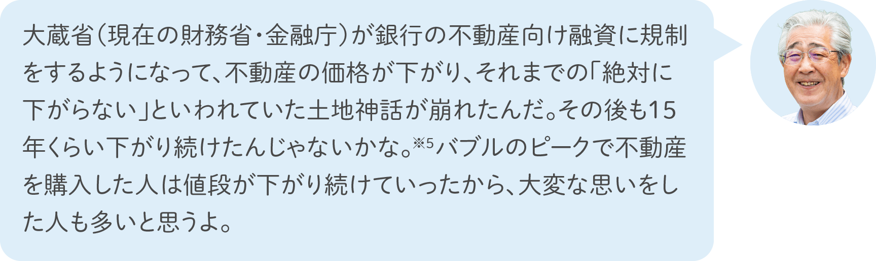 大蔵省（現在の財務省・金融庁）が銀行の不動産向け融資に規制をするようになって、不動産の価格が下がり、それまでの「絶対に下がらない」といわれていた土地神話が崩れたんだ。その後も15年くらい下がり続けたんじゃないかな。※5 バブルのピークで不動産を購入した人は値段が下がり続けていったから、大変な思いをした人も多いと思うよ。