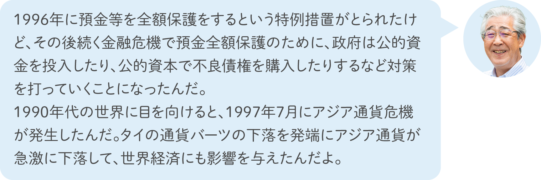 1996年に預金等を全額保護をするという特例措置がとられたけど、その後続く金融危機で預金全額保護のために、政府は公的資金を投入したり、公的資本で不良債権を購入したりするなど対策を打っていくことになったんだ。1990年代の世界に目を向けると、1997年7月にアジア通貨危機が発生したんだ。タイの通貨バーツの下落を発端にアジア通貨が急激に下落して、世界経済にも影響を与えたんだよ。