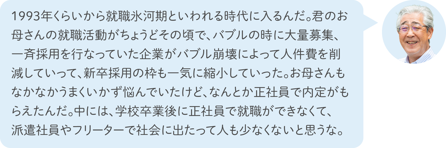 1993年くらいから就職氷河期といわれる時代に入るんだ。君のお母さんの就職活動がちょうどその頃で、バブルの時に大量募集、一斉採用を行なっていた企業がバブル崩壊によって人件費を削減していって、新卒採用の枠も一気に縮小していった。お母さんもなかなかうまくいかず悩んでいたけど、なんとか正社員で内定がもらえたんだ。中には、学校卒業後に正社員で就職ができなくて、派遣社員やフリーターで社会に出たって人も少なくないと思うな。