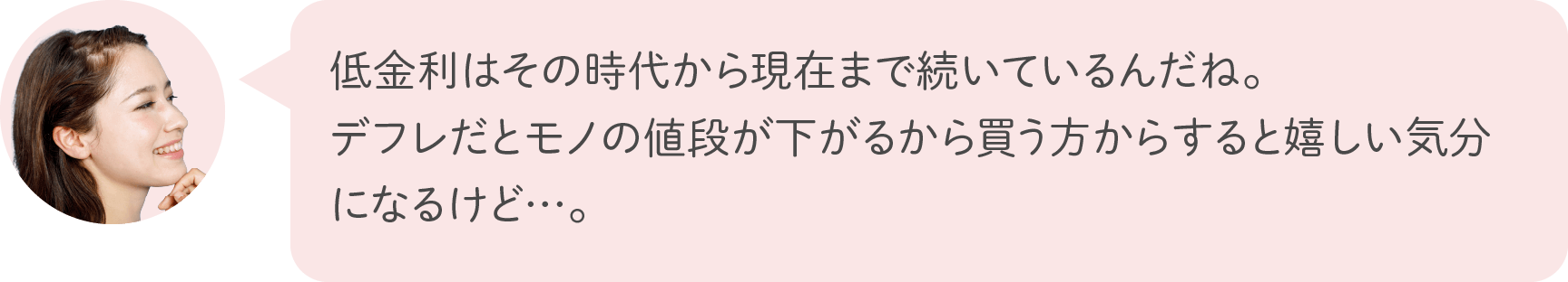 低金利はその時代から現在まで続いているんだね。デフレだとモノの値段が下がるから買う方からすると嬉しい気分になるけど…。