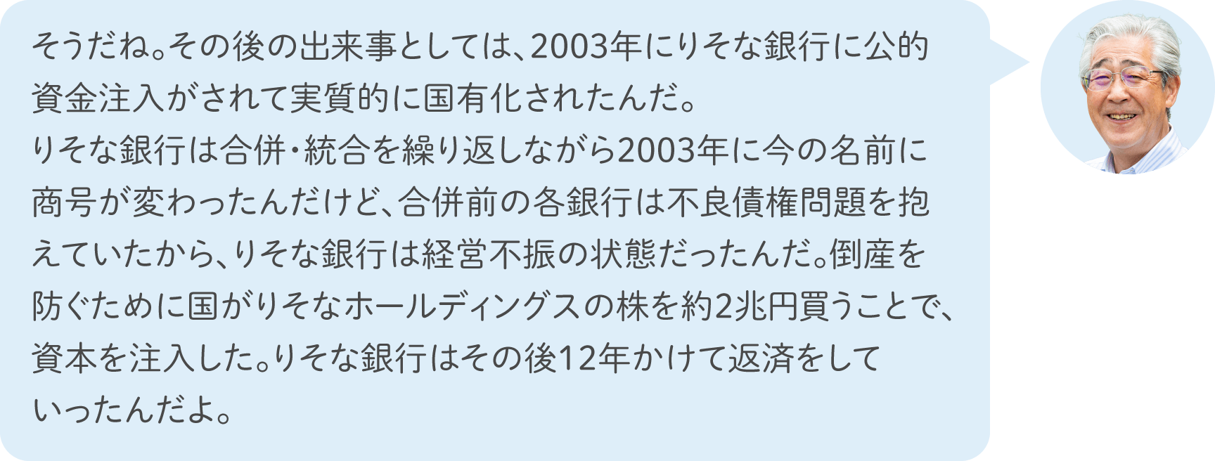 そうだね。その後の出来事としては、2003年にりそな銀行に公的資金注入がされて実質的に国有化されたんだ。りそな銀行は合併・統合を繰り返しながら2003年に今の名前に商号が変わったんだけど、合併前の各銀行は不良債権問題を抱えていたから、りそな銀行は経営不振の状態だったんだ。倒産を防ぐために国がりそなホールディングスの株を約2兆円買うことで、資本を注入した。りそな銀行はその後12年かけて返済をしていったんだよ。