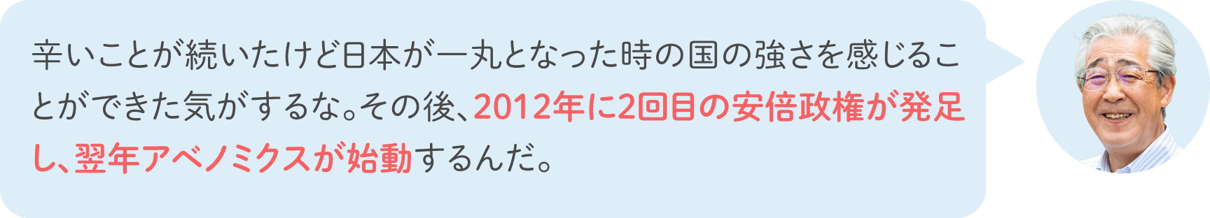 辛いことが続いたけど日本が一丸となった時の国の強さを感じることができた気がするな。その後、2012年に2回目の安倍政権が発足し、翌年アベノミクスが始動するんだ。