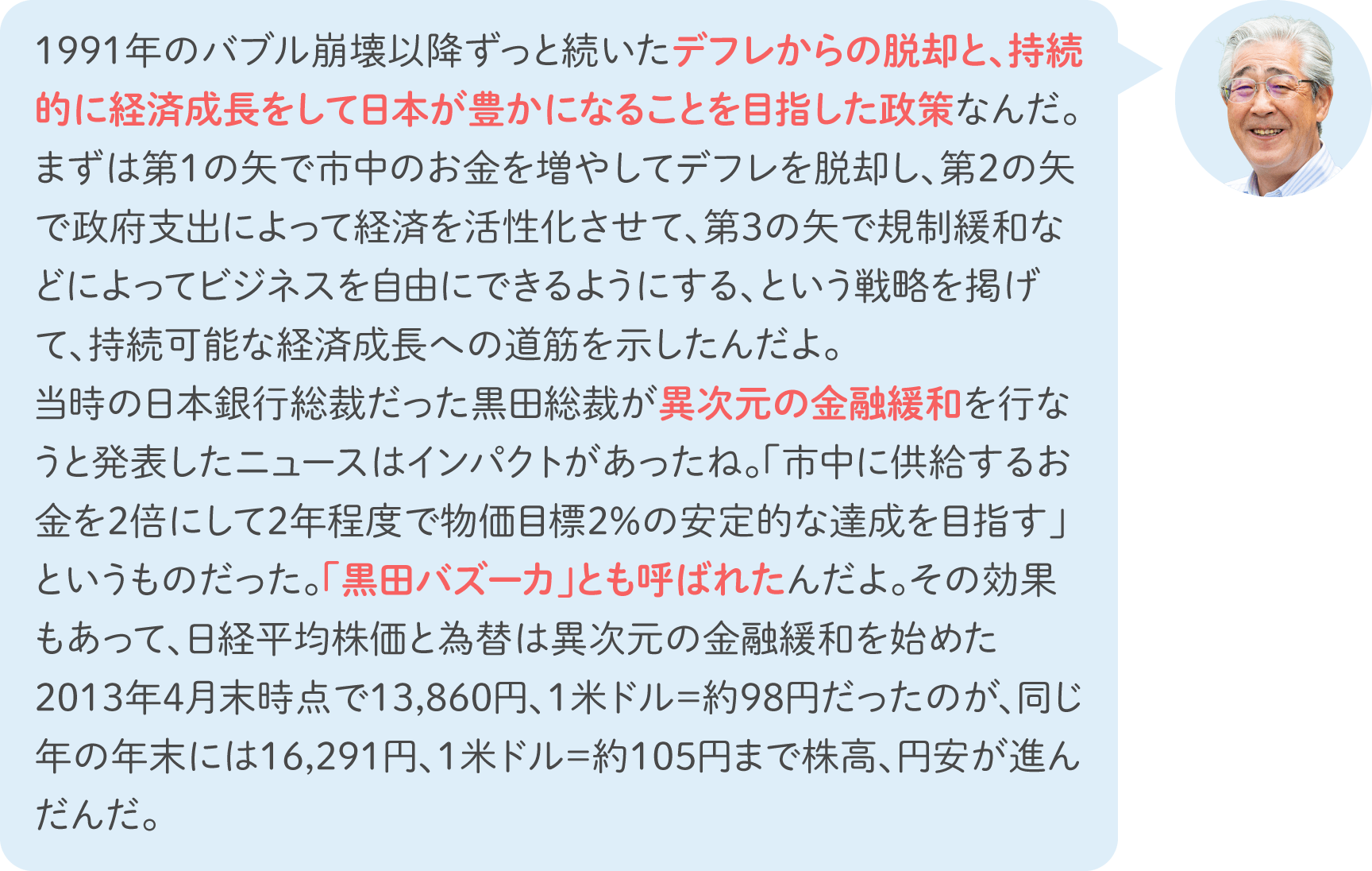 1991年のバブル崩壊以降ずっと続いたデフレからの脱却と、持続的に経済成長をして日本が豊かになることを目指した政策なんだ。まずは第1の矢で市中のお金を増やしてデフレを脱却し、第2の矢で政府支出によって経済を活性化させて、第3の矢で規制緩和などによってビジネスを自由にできるようにする、という戦略を掲げて、持続可能な経済成長への道筋を示したんだよ。当時の日本銀行総裁だった黒田総裁が異次元の金融緩和を行なうと発表したニュースはインパクトがあったね。「市中に供給するお金を2倍にして2年程度で物価目標2%の安定的な達成を目指す」というものだった。「黒田バズーカ」とも呼ばれたんだよ。その効果もあって、日経平均株価と為替は異次元の金融緩和を始めた2013年4月末時点で13,860円、1米ドル＝約98円だったのが、同じ年の年末には16,291円、1米ドル＝約105円まで株高、円安が進んだんだ。