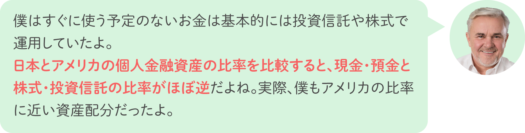 僕はすぐに使う予定のないお金は基本的には投資信託や株式で運用していたよ。日本とアメリカの個人金融資産の比率を比較すると、現金・預金と株式・投資信託の比率がほぼ逆だよね。実際、僕もアメリカの比率に近い資産配分だったよ。