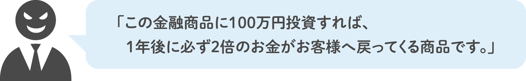 「この金融商品に100万円投資すれば、1年後に必ず2倍のお金がお客様へ戻ってくる商品です。」