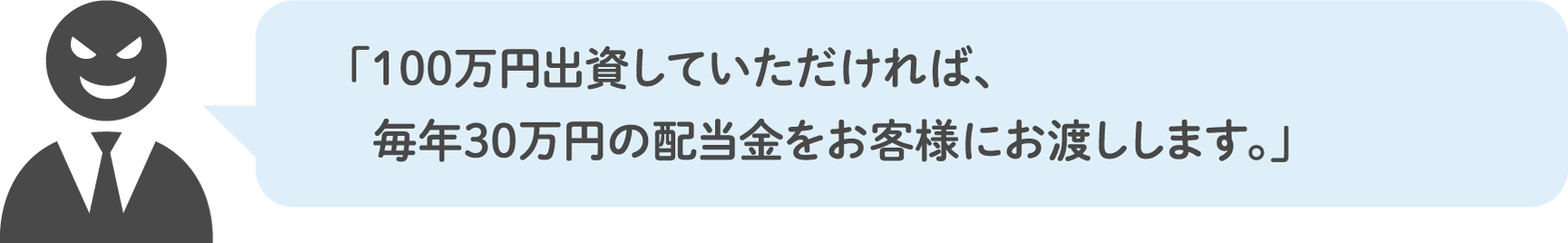 「100万円出資していただければ、毎年30万円の配当金をお客様にお渡しします。」