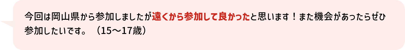 今回は岡山県から参加しましたが遠くから参加して良かったと思います！また機会があったらぜひ参加したいです。（15～17歳）