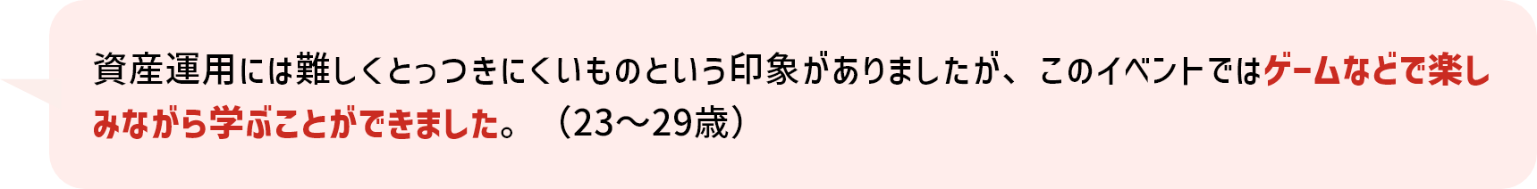 資産運用には難しくとっつきにくいものという印象がありましたが、このイベントではゲームなどで楽しみながら学ぶことができました。（23～29歳）