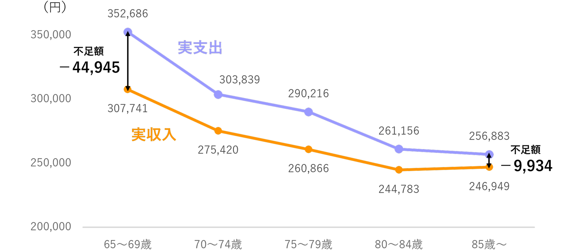 世帯主の年齢階級別1世帯当たり1ヵ月間の実支出と実収入（2024年）のイメージ