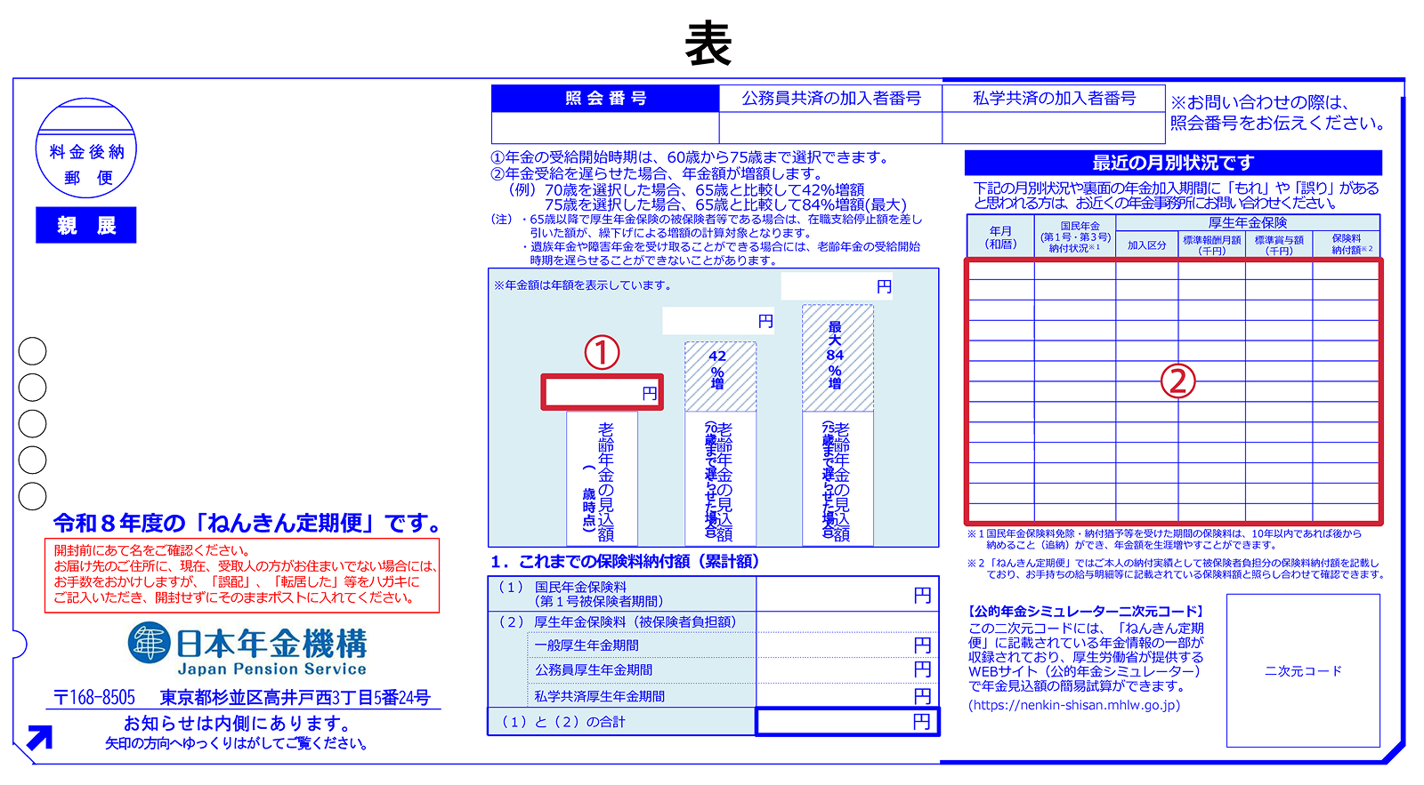 「ねんきん定期便」（ハガキ）の様式（表）のイメージ